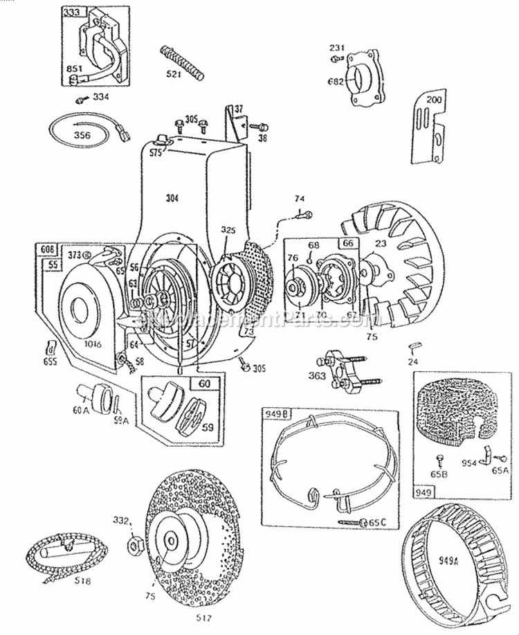 Blower Hsg Rewind Flywheel Diagram and Parts List for 195432-0830-99  Briggs and Stratton Engine